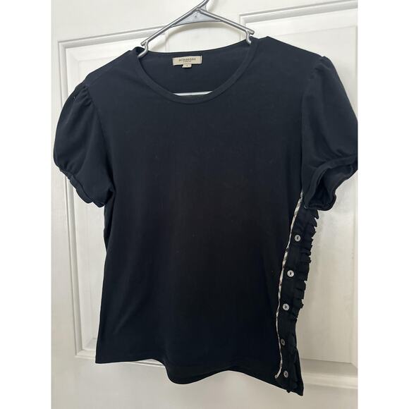 Burberry London Shirt Womens Large Black Puff Sleeve Side Button Check Trim - Picture 2 of 10